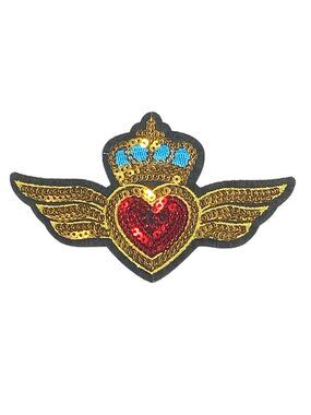 Winged Sequin Heart Crown Embroidered Iron On Patch